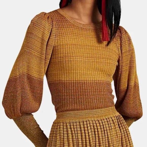 Ulla Johnson Dax Puff Sleeve Crew Neck Ribbed Metallic Ombre Gold Small - Picture 11 of 11